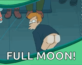 A Cartoon Character Is Sitting On The Floor With His Butt Up And The Words `` Full Moon ! '' GIF