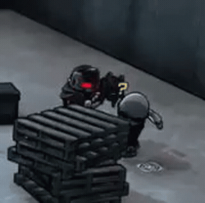 A Cartoon Character Is Sitting On Top Of A Stack Of Black Crates . GIF