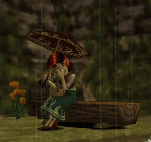 A Cartoon Character Is Sitting Under An Umbrella With The Letters Ss On It GIF