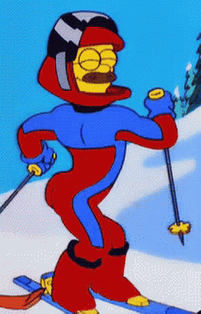 A Cartoon Character Is Skiing Down A Snow Covered Mountain GIF