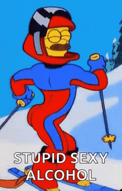A Cartoon Character Is Skiing Down A Snow Covered Slope With The Words Stupid Sexy Alcohol Above Him GIF