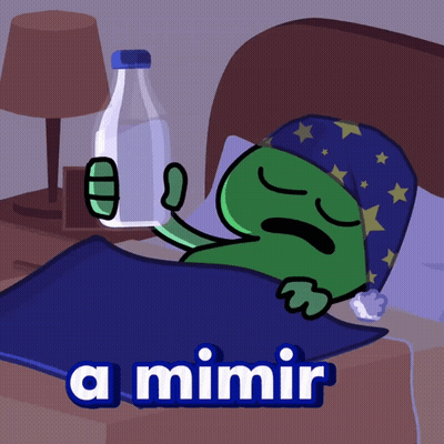A Cartoon Character Is Sleeping In A Bed With A Bottle Of Milk Nearby GIF