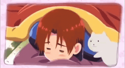 A Cartoon Character Is Sleeping Under A Blanket With A White Cat Nearby . GIF