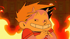 A Cartoon Character Is Smiling In Front Of A Building That Is On Fire GIF