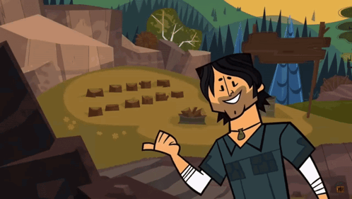A Cartoon Character Is Smiling In Front Of A Field GIF