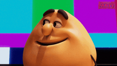 A Cartoon Character Is Smiling In Front Of A Screen That Says Sausage Party GIF