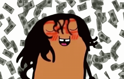 A Cartoon Character Is Smiling While Money Is Falling Around Her GIF