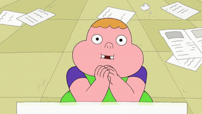 A Cartoon Character Is Smiling With Papers On The Floor In The Background GIF