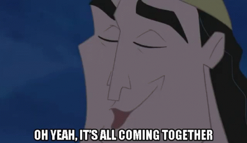 A Cartoon Character Is Smiling With The Words Oh Yeah It 'S All Coming Together Below Him GIF