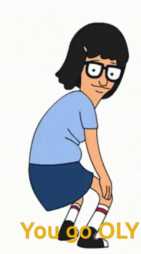 A Cartoon Character Is Squatting Down With The Words You Go Oly Above Her GIF
