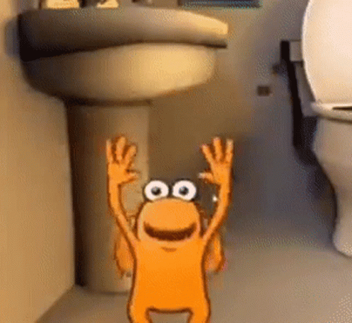 A Cartoon Character Is Standing In A Bathroom With His Hands In The Air . GIF