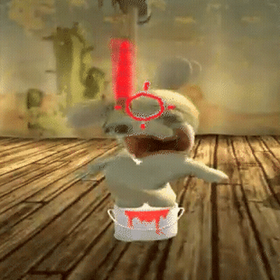 A Cartoon Character Is Standing In A Bucket With Red Paint On It GIF