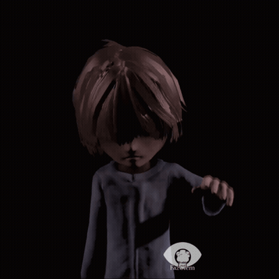 A Cartoon Character Is Standing In A Dark Room With An Eye Icon In The Corner GIF