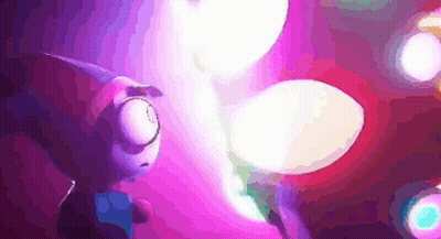 A Cartoon Character Is Standing In A Dark Room With Purple Lights Behind Him GIF