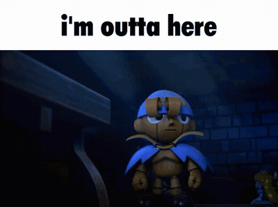 A Cartoon Character Is Standing In A Dark Room With The Words " I 'M Outta Here " Below Him GIF