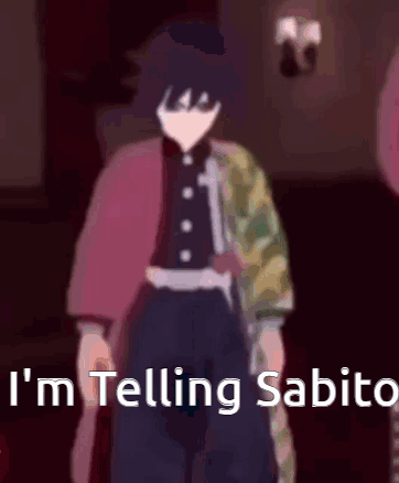 A Cartoon Character Is Standing In A Dark Room With The Words `` I 'M Telling Sabito '' . GIF