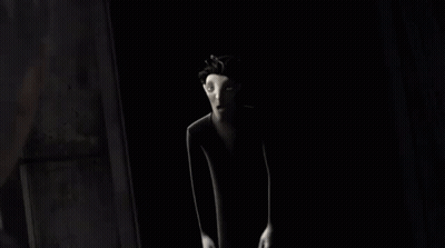 A Cartoon Character Is Standing In A Dark Room . GIF