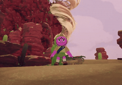 A Cartoon Character Is Standing In A Desert With A Tornado Behind Him GIF