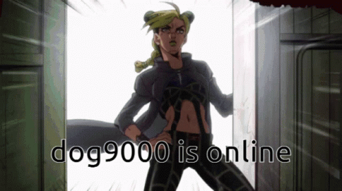 A Cartoon Character Is Standing In A Doorway With The Words Dog9000 Is Online GIF