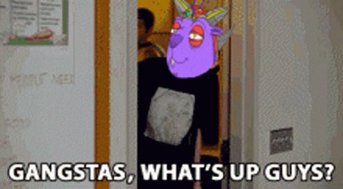 A Cartoon Character Is Standing In A Doorway With The Words Gangsta 'S What 'S Up Guys GIF