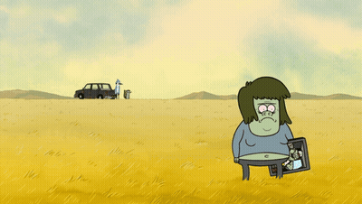 A Cartoon Character Is Standing In A Field Holding A Picture Of Himself GIF