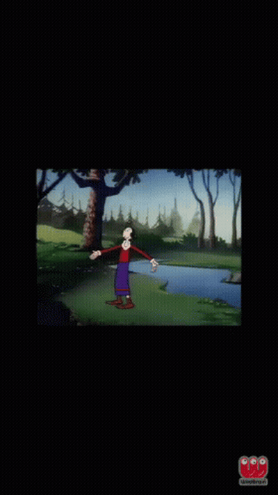 A Cartoon Character Is Standing In A Field With Trees And A River In The Background GIF
