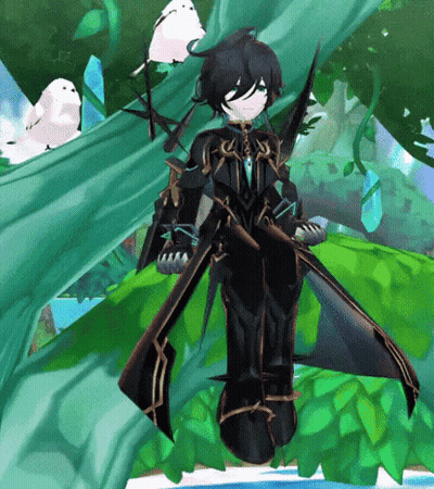 A Cartoon Character Is Standing In A Forest With A Sword In His Hand GIF