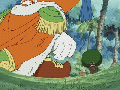 A Cartoon Character Is Standing In A Grassy Area With Palm Trees In The Background GIF