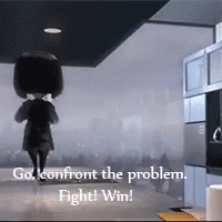 A Cartoon Character Is Standing In A Kitchen With The Words Go Confront The Problem Fight Win GIF