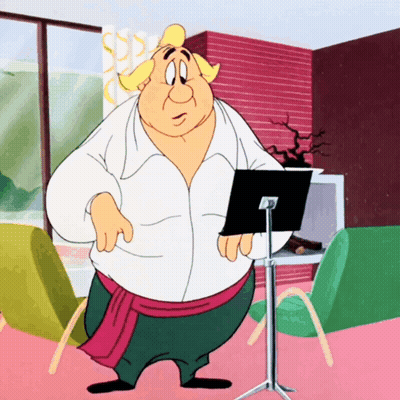 A Cartoon Character Is Standing In A Living Room Holding A Sheet Music GIF