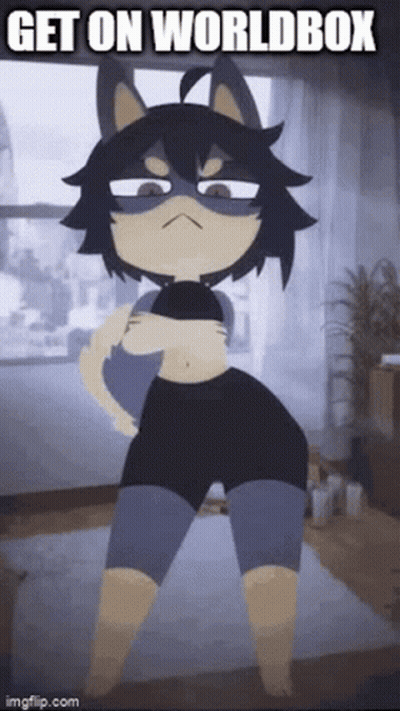 A Cartoon Character Is Standing In A Living Room With The Words Get On Worldbox Written On The Bottom . GIF