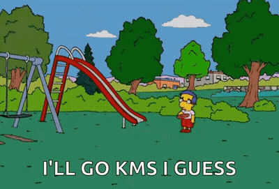 A Cartoon Character Is Standing In A Park With The Words I 'Ll Go Kms I Guess Below Him GIF
