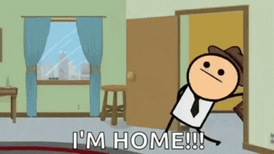 A Cartoon Character Is Standing In A Room And Says I 'M Home GIF