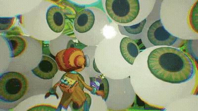 A Cartoon Character Is Standing In A Room Surrounded By Giant Eyes . GIF