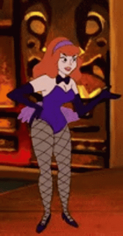 A Cartoon Character Is Standing In A Room Wearing A Purple Bodysuit And Stockings . GIF