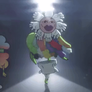 A Cartoon Character Is Standing In A Room With A Light Shining On It . GIF