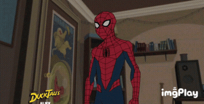 A Cartoon Character Is Standing In A Room With A Sign That Says Dukktales All New GIF