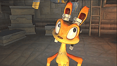 A Cartoon Character Is Standing In A Room With Boxes And A Ladder Behind Him GIF