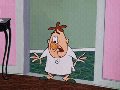A Cartoon Character Is Standing In A Room With His Arms Outstretched And A White Shirt On . GIF