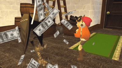 A Cartoon Character Is Standing In A Room With Hundred Dollar Bills Falling Around Him GIF