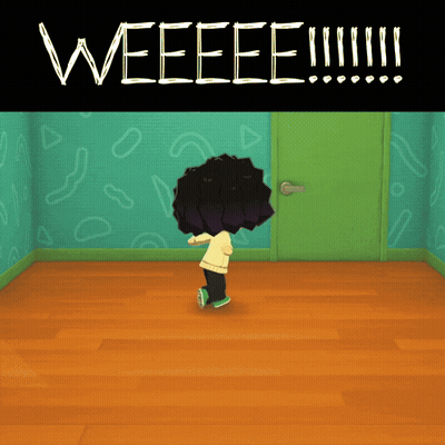 A Cartoon Character Is Standing In A Room With The Words Weeeee Written On The Top GIF