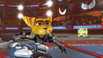 A Cartoon Character Is Standing In A Stadium With A Sign That Says ' Ratchet And Clank ' On It GIF