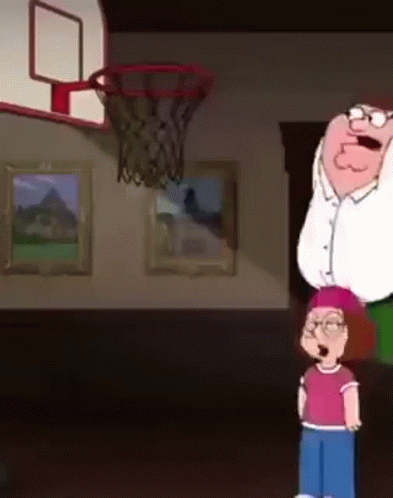 A Cartoon Character Is Standing In Front Of A Basketball Hoop While A Girl Looks On . GIF