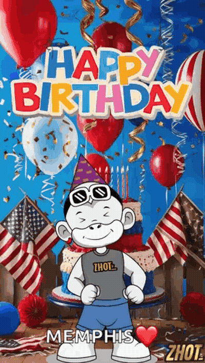 A Cartoon Character Is Standing In Front Of A Birthday Cake Surrounded By Balloons And Confetti . GIF