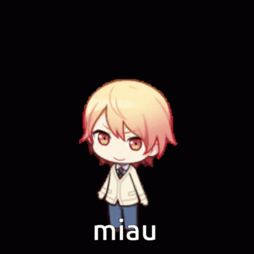 A Cartoon Character Is Standing In Front Of A Black Background And Says Miau . GIF