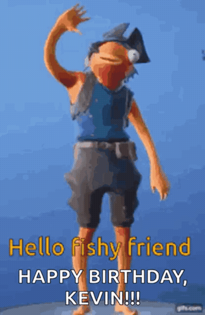 A Cartoon Character Is Standing In Front Of A Blue Background And Says `` Hello Fishy Friend Happy Birthday , Kevin !! ' GIF
