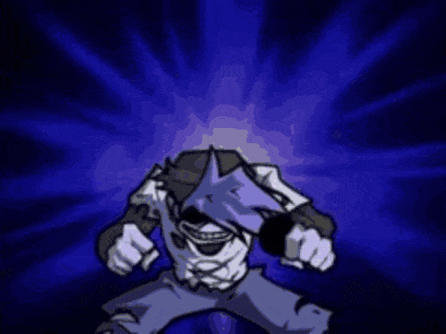 A Cartoon Character Is Standing In Front Of A Blue Background With His Arms Outstretched And His Mouth Open . GIF