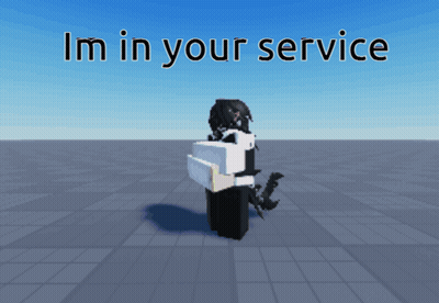 A Cartoon Character Is Standing In Front Of A Blue Sky And Says " Im In Your Service " GIF
