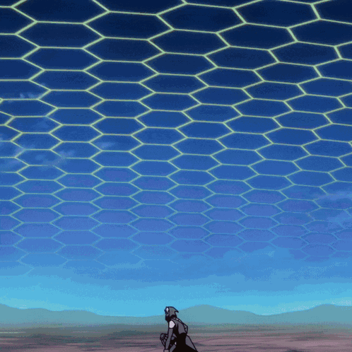 A Cartoon Character Is Standing In Front Of A Blue Sky With A Honeycomb Pattern GIF