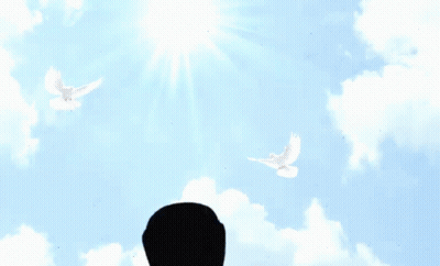 a cartoon character is standing in front of a blue sky with two white birds